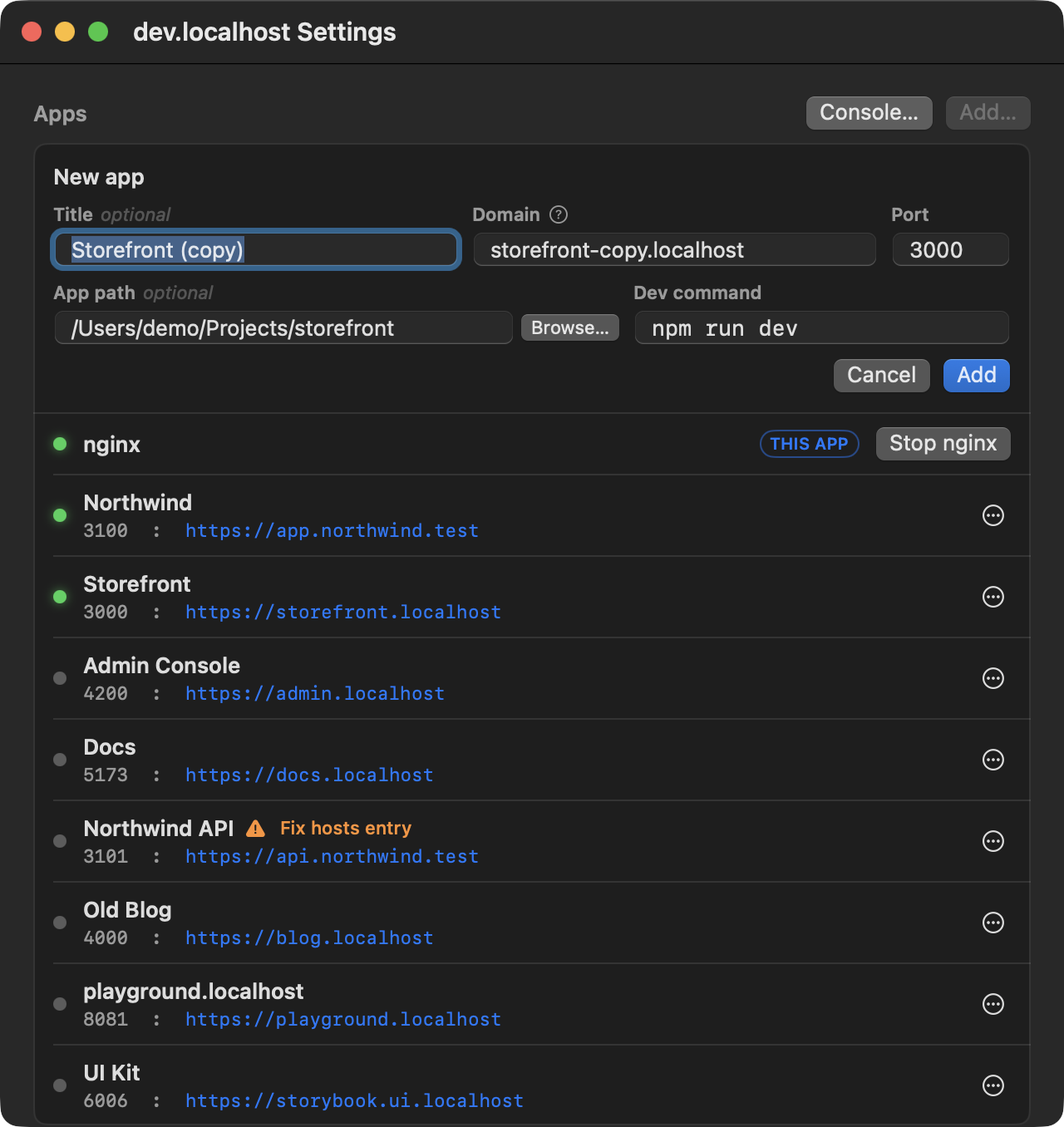 The Settings window: the new app form filled in from Clone, nginx, and the apps with their ports and addresses, running ones first and one marked Fix hosts entry